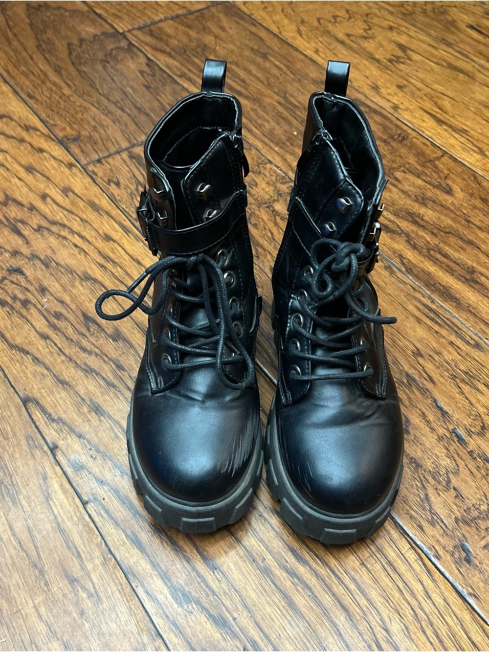 Yoki womens double buckle combat boots